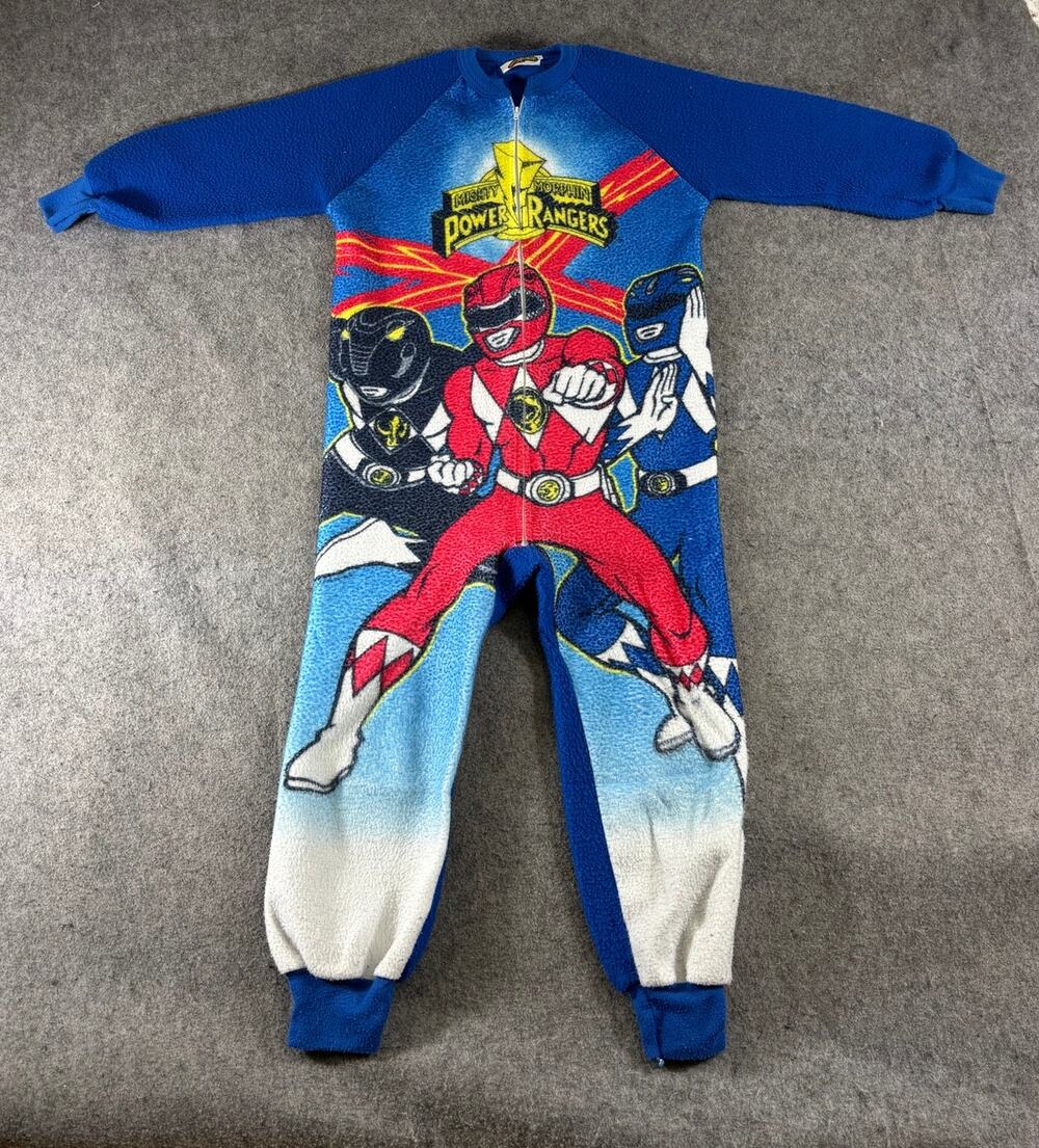 VTG Mighty Morphin Power Rangers Pajamas Kids 5-6 Blue Graphic Fleece One Piece